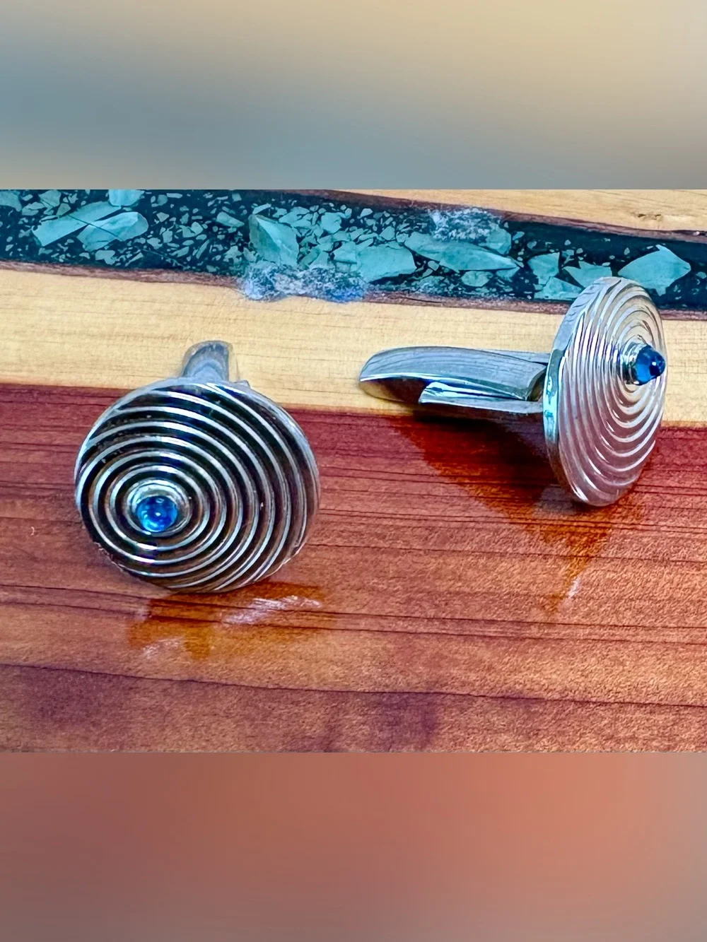 Mid-Century Spiral Round Silver Cufflinks with Blue Center Stones